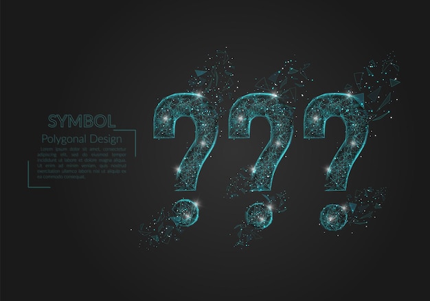 Imagen azul aislada abstracta de un signo de pregunta Ilustración poligonal que parece estrellas en el cielo nocturno en el espacio o fragmentos de vidrio voladores Diseño digital para sitio web web internet