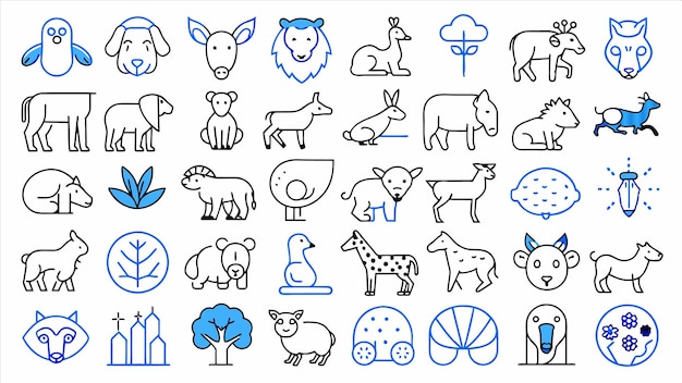 una imagen azul y blanca de animales y animales