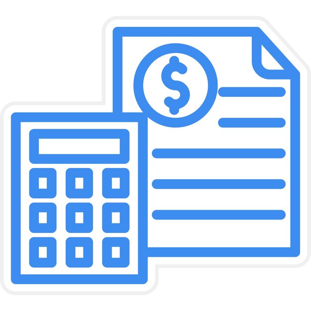 una imagen azul y blanca de una calculadora con un signo de dólar en ella