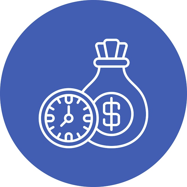 una imagen azul y blanca de un reloj y un signo de dólar