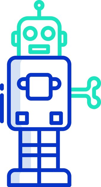 una imagen azul y verde de un robot con un botón azul en él