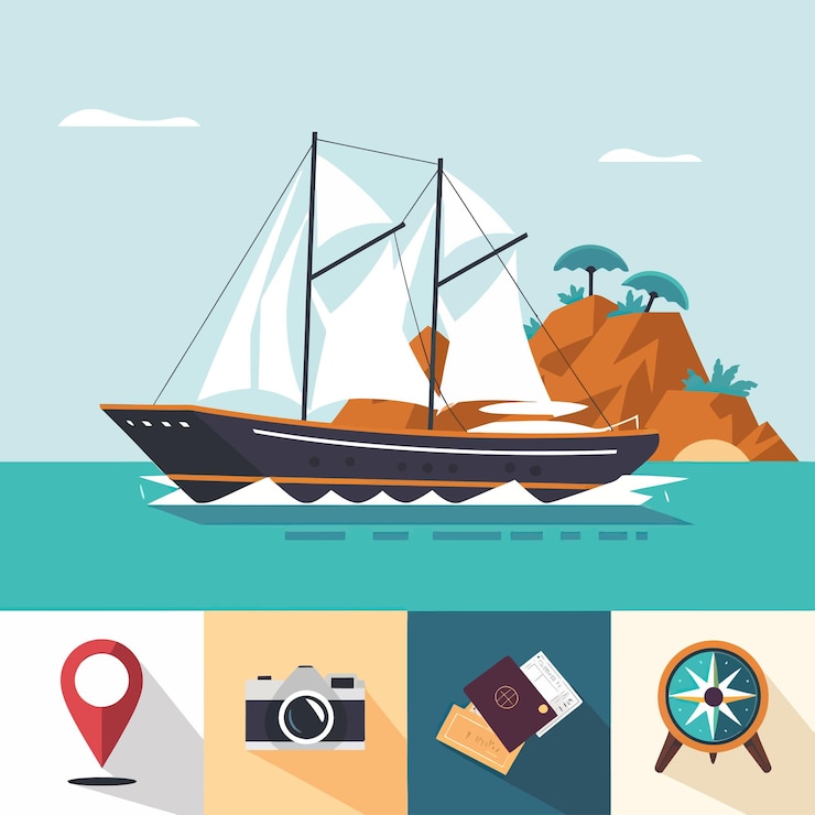 Vector una imagen de un barco con una palmera en el fondo
