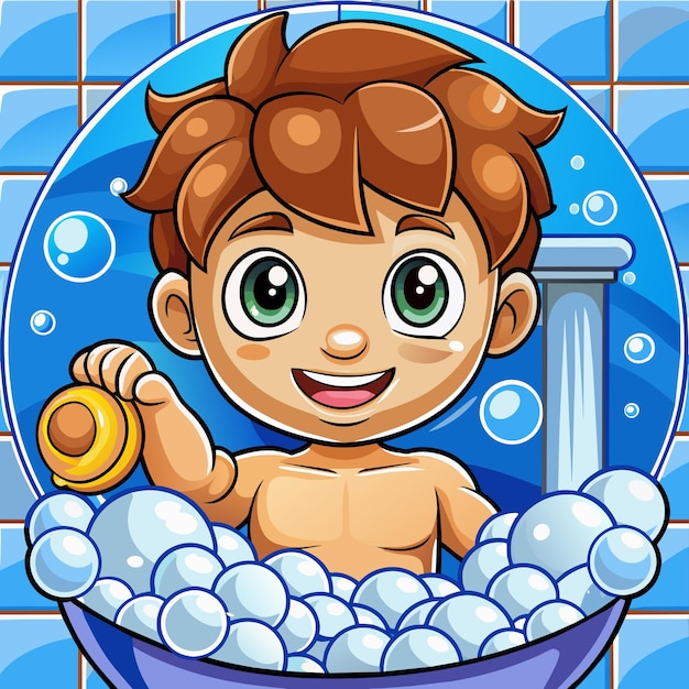 Vector una imagen de un bebé en un baño con burbujas y un fondo de azulejos azules