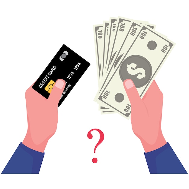 Una imagen de un billete de banco y una tarjeta de crédito presenta una tarjeta de retención de mano mientras que la otra sostiene efectivo en dólares