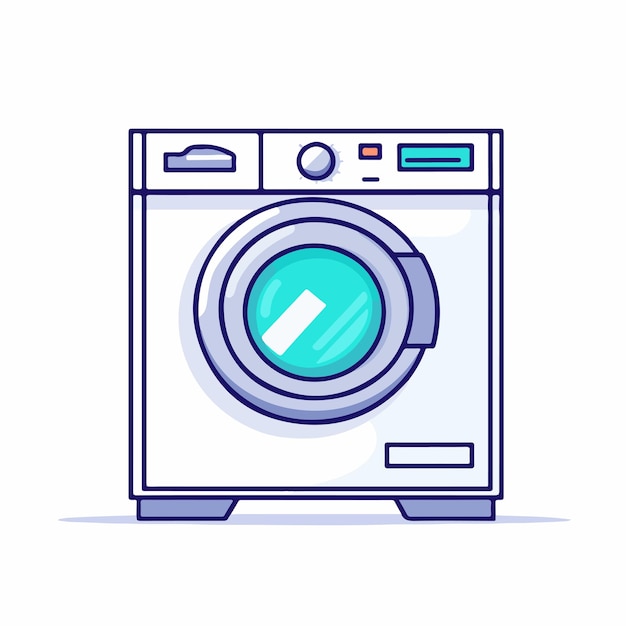 una imagen blanca y azul de una lavadora con una pantalla azul y púrpura