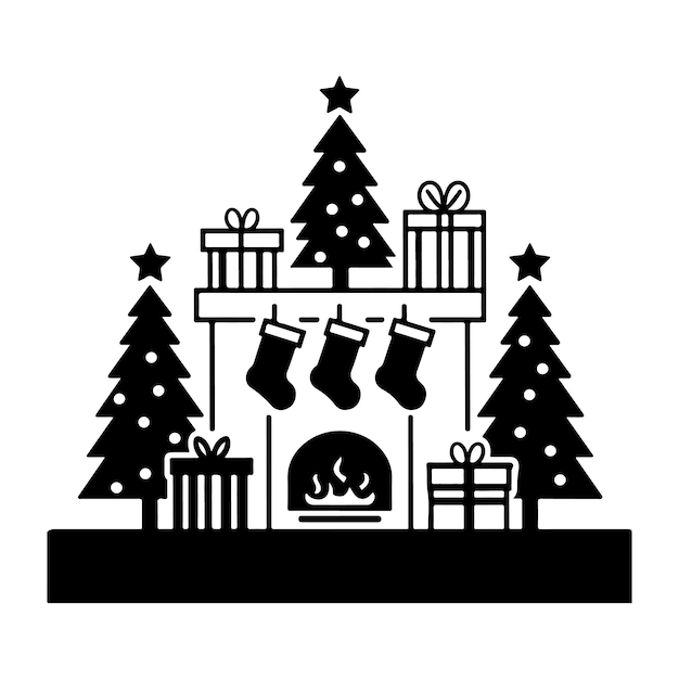 una imagen en blanco y negro de un árbol de Navidad y regalos