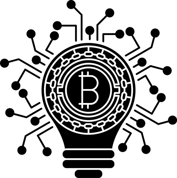 una imagen en blanco y negro de una bombilla con un bitcoin en el interior
