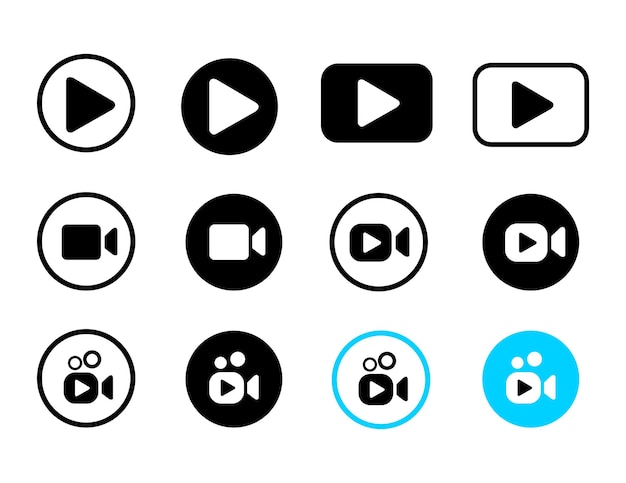 una imagen en blanco y negro de un botón web y un círculo azul y negro con la palabra video en él