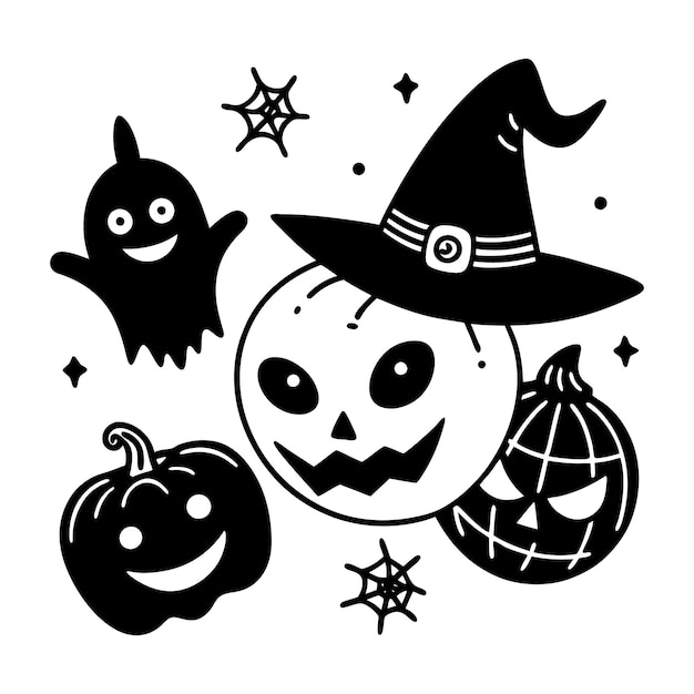 Una imagen en blanco y negro de una calabaza con un sombrero de bruja en él
