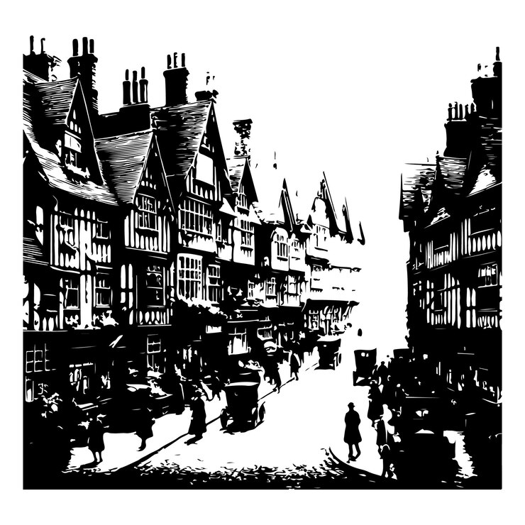 Vector una imagen en blanco y negro de una calle con un árbol y un letrero que dice el nombre de la ciudad