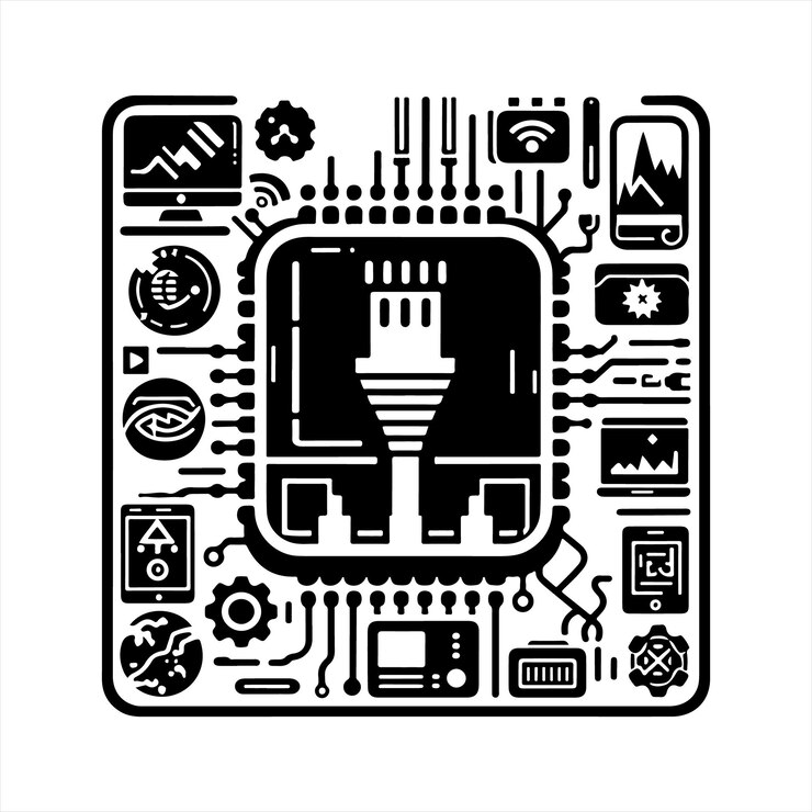 Vector una imagen en blanco y negro de una computadora con un gráfico de un dispositivo que dice poder