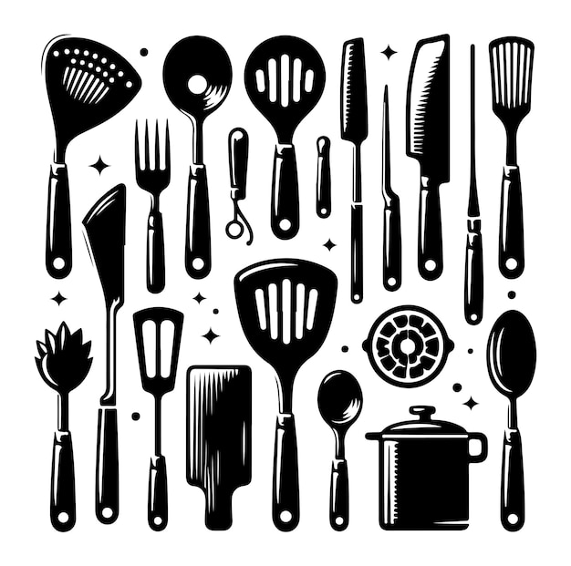 Una imagen en blanco y negro de un conjunto de utensilios de cocina diseño de ilustración vectorial de silueta