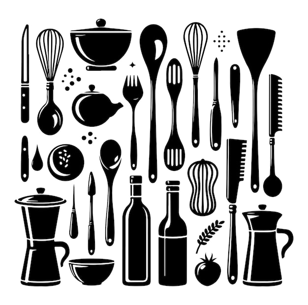 Una imagen en blanco y negro de un conjunto de utensilios de cocina diseño de ilustración vectorial de silueta