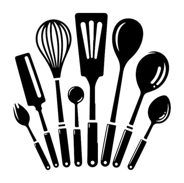 Una imagen en blanco y negro de un conjunto de utensilios de cocina diseño de ilustración vectorial de silueta