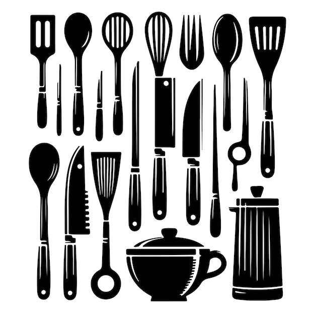 Una imagen en blanco y negro de un conjunto de utensilios de cocina diseño de ilustración vectorial de silueta