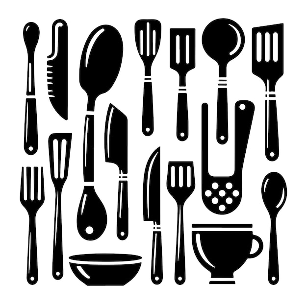 Una imagen en blanco y negro de un conjunto de utensilios de cocina diseño de ilustración vectorial de silueta