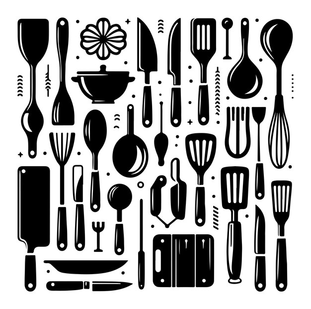 Una imagen en blanco y negro de un conjunto de utensilios de cocina diseño de ilustración vectorial de silueta