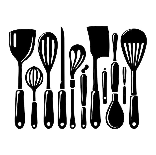 Una imagen en blanco y negro de un conjunto de utensilios de cocina diseño de ilustración vectorial de silueta