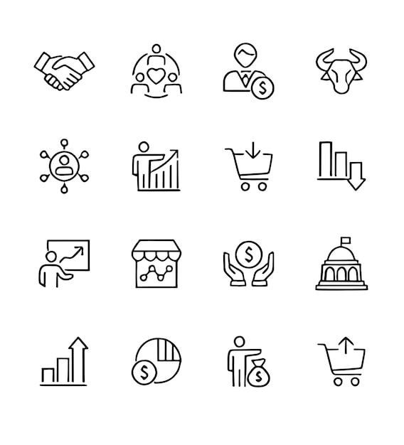 una imagen en blanco y negro de diferentes iconos, incluida una que dice negocio