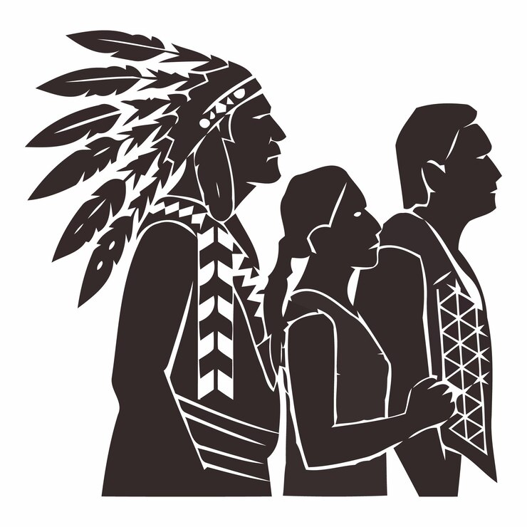 una imagen en blanco y negro de dos hombres y una mujer con plumas en la cabeza y los otros dos hombres en