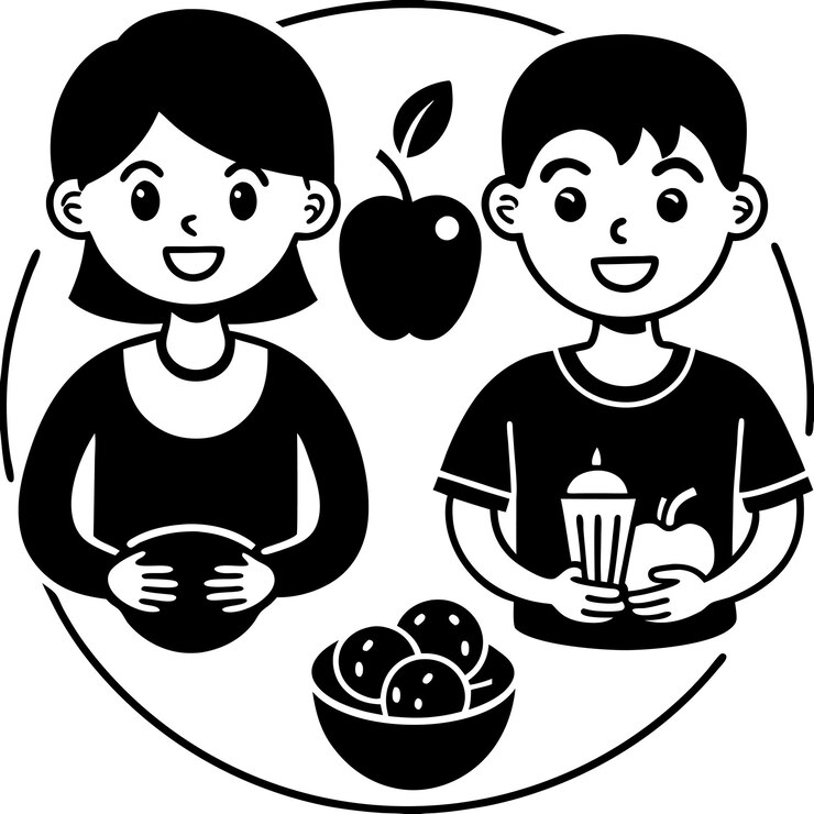 Vector una imagen en blanco y negro de dos niños con una manzana y una manzana