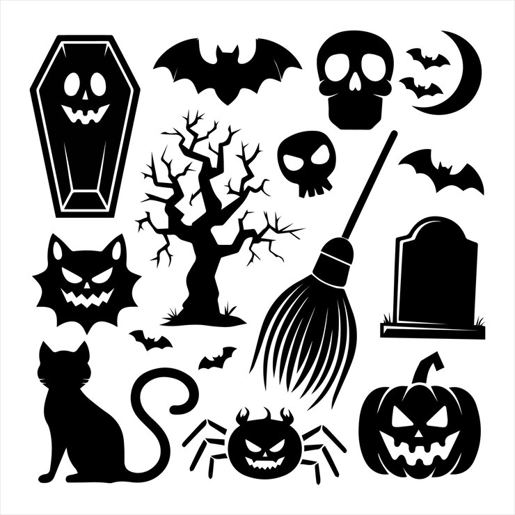 una imagen en blanco y negro de una escena de Halloween con un gato y un árbol muerto