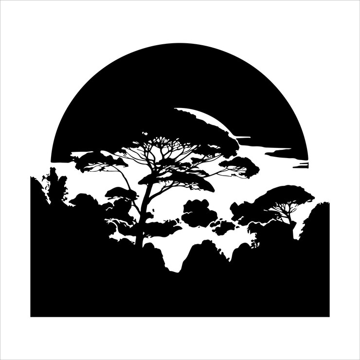 Vector una imagen en blanco y negro de una escena de playa con palmeras y un globo redondo con una playa