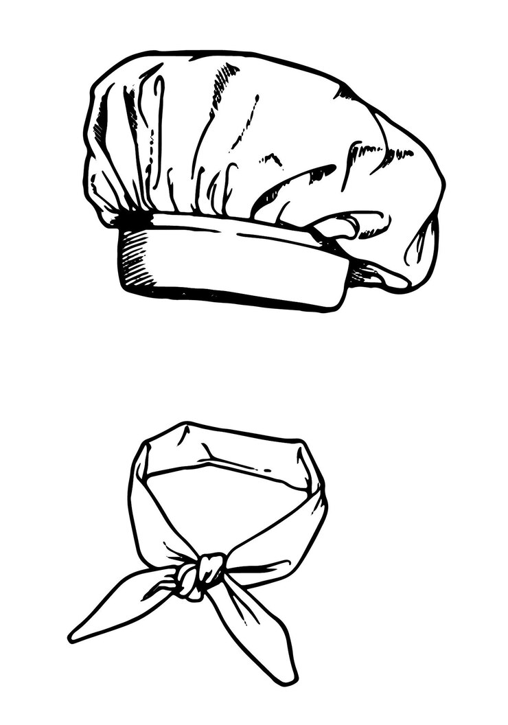 Vector imagen en blanco y negro en estilo boceto de un sombrero de chef y una bufanda para un chef
