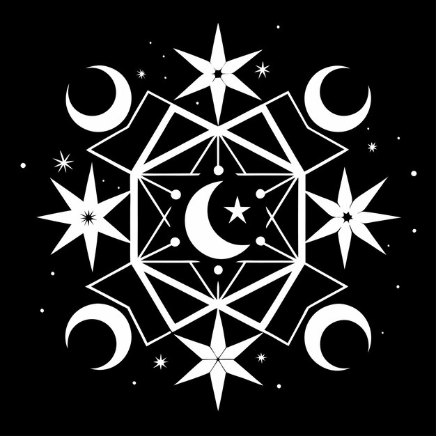 una imagen en blanco y negro de una estrella con la luna y la estrella en ella
