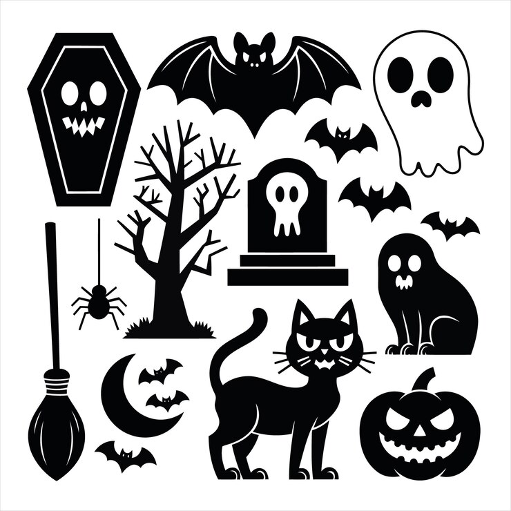 una imagen en blanco y negro de un gato negro con un murciélago y un esqueleto en él