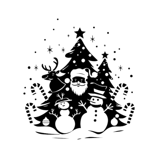 una imagen en blanco y negro de un hombre de nieve y un árbol de Navidad