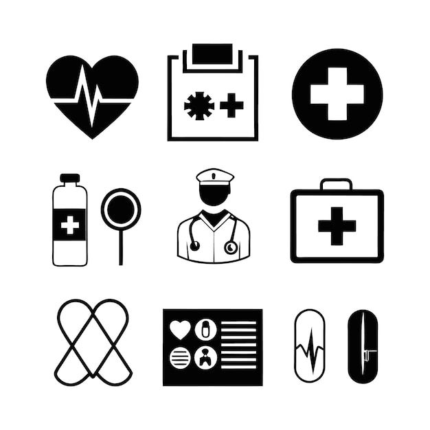 una imagen en blanco y negro de iconos médicos con un fondo blanco