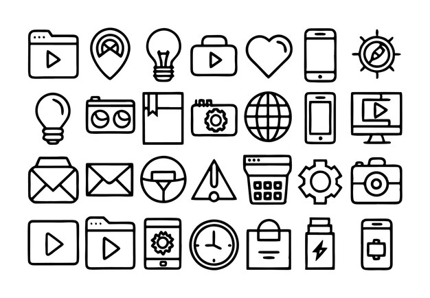 una imagen en blanco y negro de iconos con las palabras "teléfono inteligente" en él