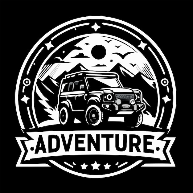 Una imagen en blanco y negro de un jeep con las palabras aventura aventura en él