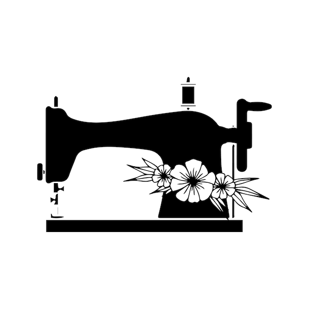 Una imagen en blanco y negro de una máquina de coser con flores.