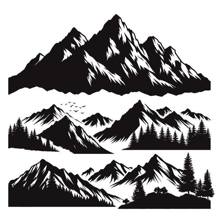 una imagen en blanco y negro de montañas con árboles en el fondo