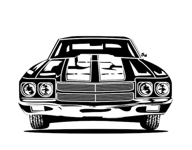 Una imagen en blanco y negro de un muscle car con el capó levantado.