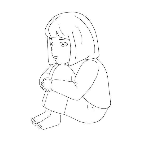 Vector imagen en blanco y negro niña triste deprimida asustada se ve sola ilustración vectorial de un niño asustado indefenso ansiedad y miedo vector de fondo blanco