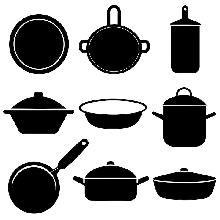 Vector una imagen en blanco y negro de una sartén y sartenes con una sarté en ella