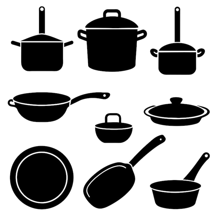 Vector una imagen en blanco y negro de una sartén y sartenes