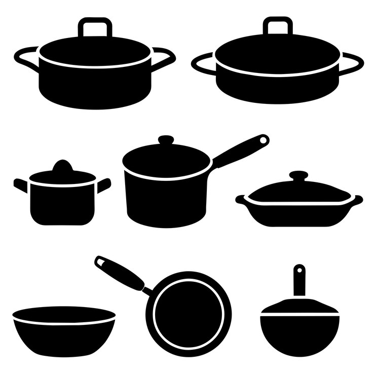 Vector una imagen en blanco y negro de una sartén y sartenes