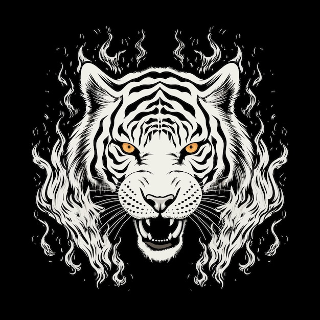 Una imagen en blanco y negro de un tigre con ojos naranjas.