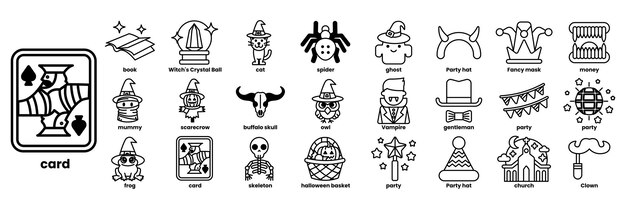 Una imagen en blanco y negro de una variedad de personajes con temas de Halloween