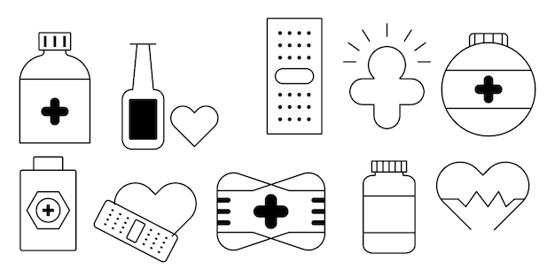 una imagen en blanco y negro de varios artículos, incluida la medicina, la medicina y la medicina