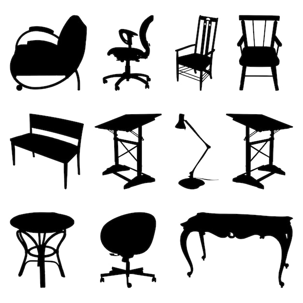 Una imagen en blanco y negro de varios muebles, incluida una silla, un escritorio y una lámpara