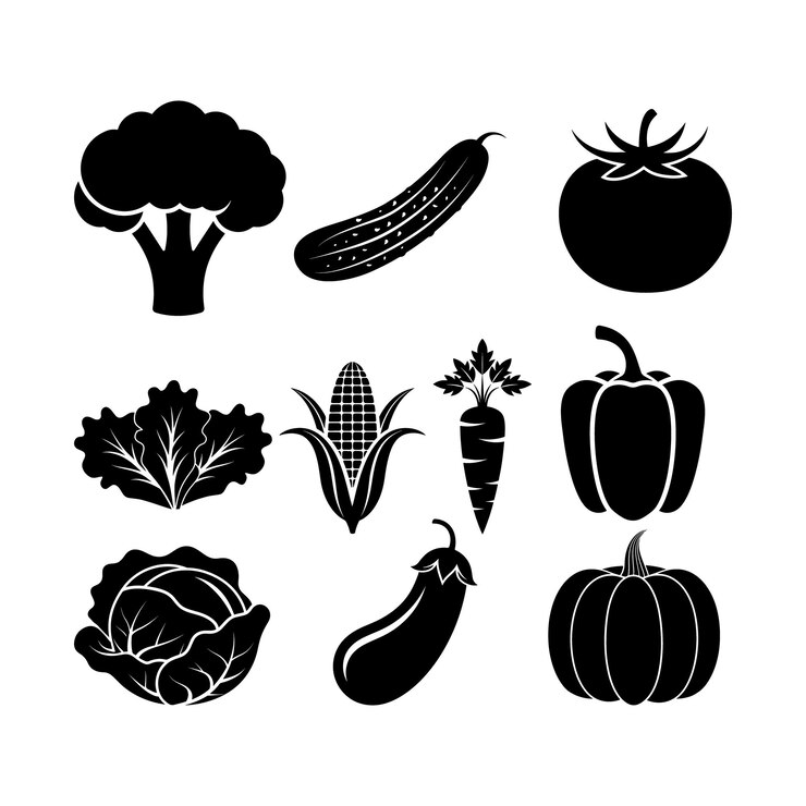 una imagen en blanco y negro de verduras, incluidas zanahorias y calabazas