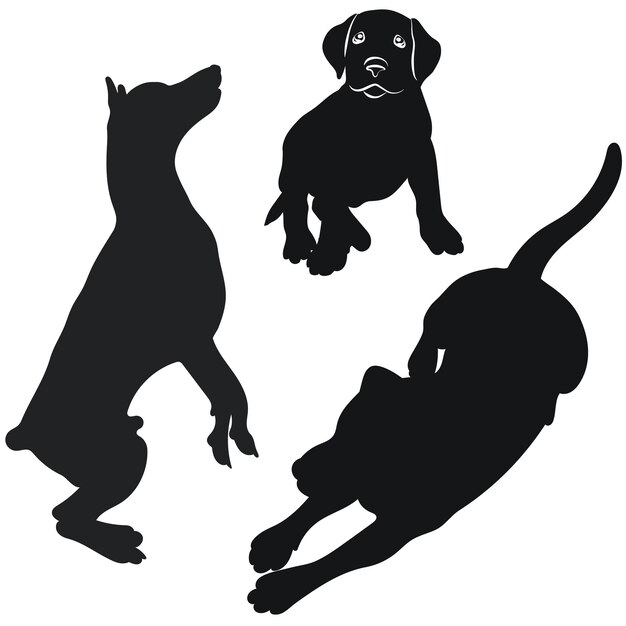 Imagen de boceto de silueta negra de perros, contorno de mascotas. Vaya de pie, sentado, tumbado, saltando, caminando.