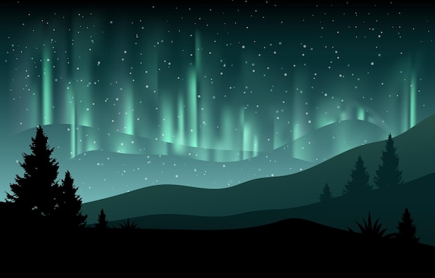 una imagen de un bosque con la aurora boreal en el horizonte