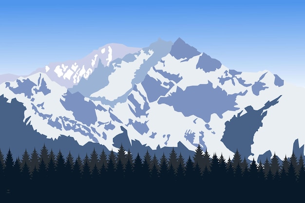 Vector imagen de una cadena montañosa con la silueta del bosque y la luna en el concepto de senderismo y trekking de viajes de turismo de fondo