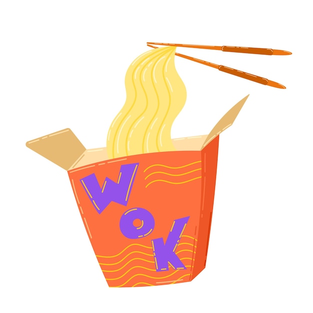 Imagen de caja de wok naranja abierta con fideos y palillos